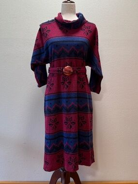 Vintage 80s Southwest Geometric Knit Midi Dress Cowl Neck Belted Aztec Burgundy